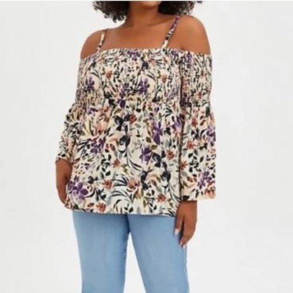 Torrid Challis Floral Taupe Cold Shoulder Blouse Size 00 (10 or M-L) - Picture 1 of 15